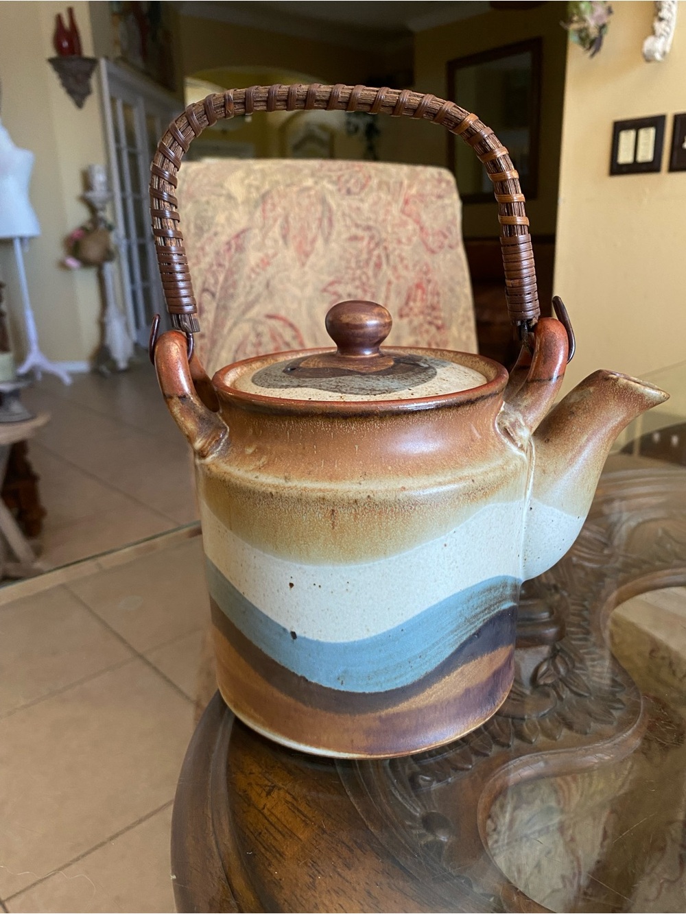 Otagiri Glazed Ceramic Teapot in Brown, Blue & Cream with Woven Handle Vintage.